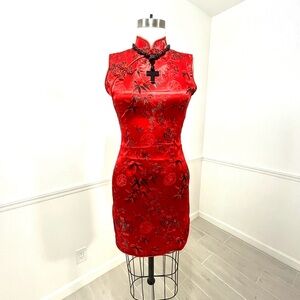Chinese mini cheongsam style dress with frog clasps bright red.